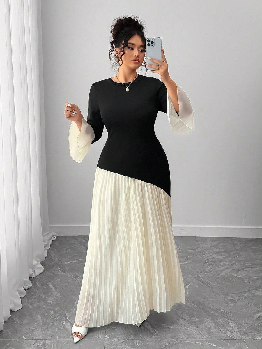 SHEIN Elenzga فستان أسود بياقة مستديرة وذيل سمكة للمقاسات كبيرة