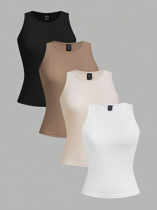 SHEIN EZwear طقم 4 قطع توبات نسائية محززة ضيقة