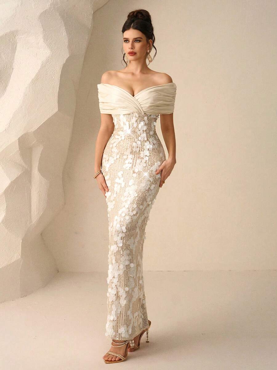 SHEIN Coutiva فستان ضيق بتصميم ذيل الحورية مطرز بالدانتيل بلون مشمشي