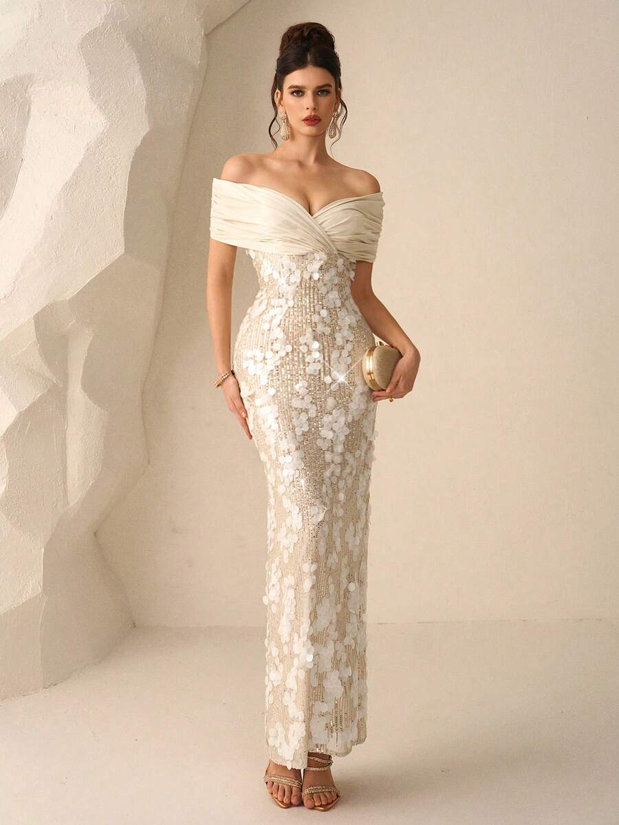 SHEIN Coutiva فستان ضيق بتصميم ذيل الحورية مطرز بالدانتيل بلون مشمشي
