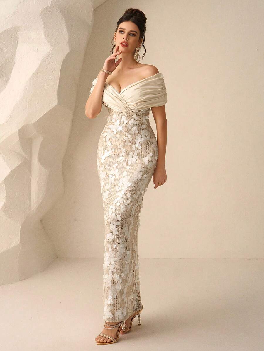 SHEIN Coutiva فستان ضيق بتصميم ذيل الحورية مطرز بالدانتيل بلون مشمشي