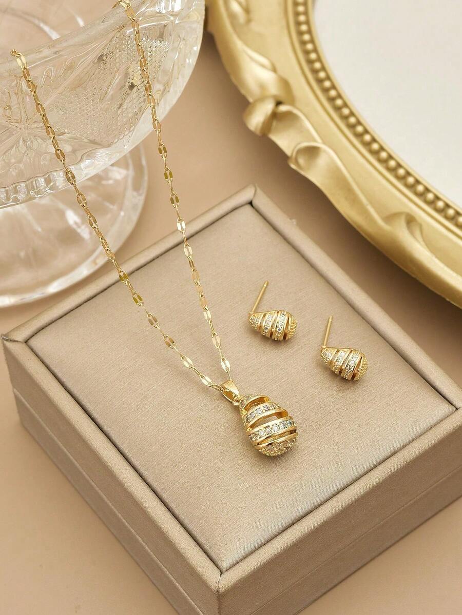 SHEIN مجوهرات ستانلس ستيل مرصعة راين بتصميم قطرة ماء