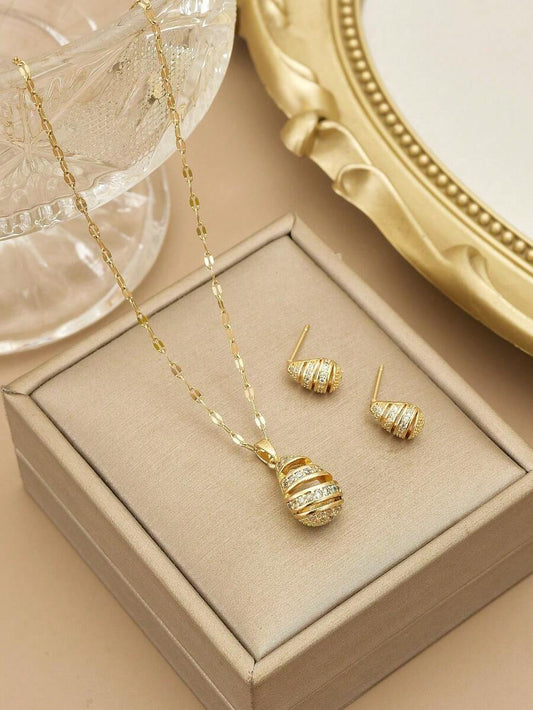 SHEIN مجوهرات ستانلس ستيل مرصعة راين بتصميم قطرة ماء