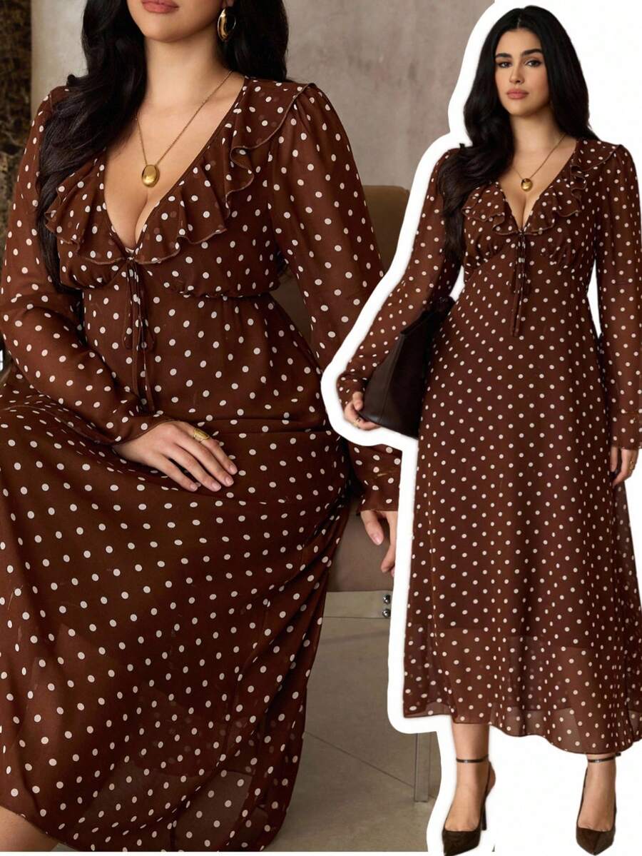 SHEIN Roveilla فستان شيفون للمقاسات الكبيرة بأكمام واسعة ونقشة بولكا دوت