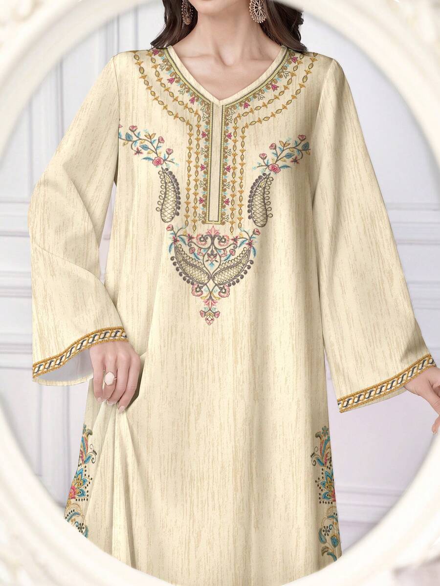 SHEIN Al Najma فستان ماكسي بطبعات رقمية وزهرية وأكمام طويلة بطراز عربي