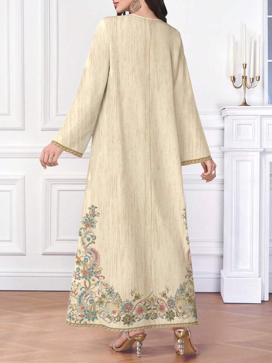 SHEIN Al Najma فستان ماكسي بطبعات رقمية وزهرية وأكمام طويلة بطراز عربي