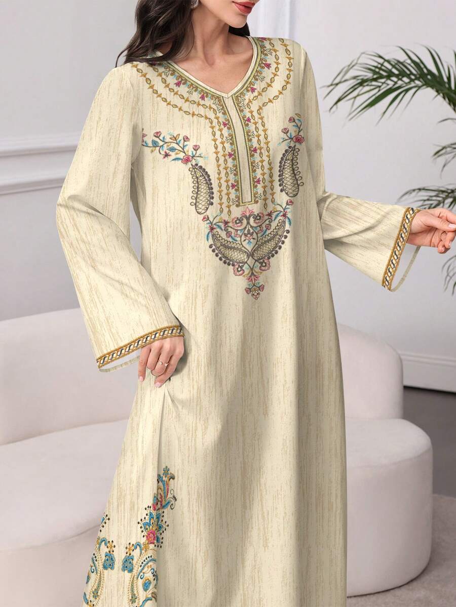 SHEIN Al Najma فستان ماكسي بطبعات رقمية وزهرية وأكمام طويلة بطراز عربي