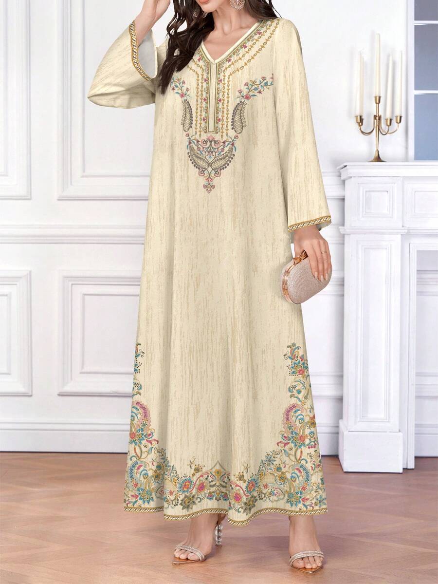 SHEIN Al Najma فستان ماكسي بطبعات رقمية وزهرية وأكمام طويلة بطراز عربي