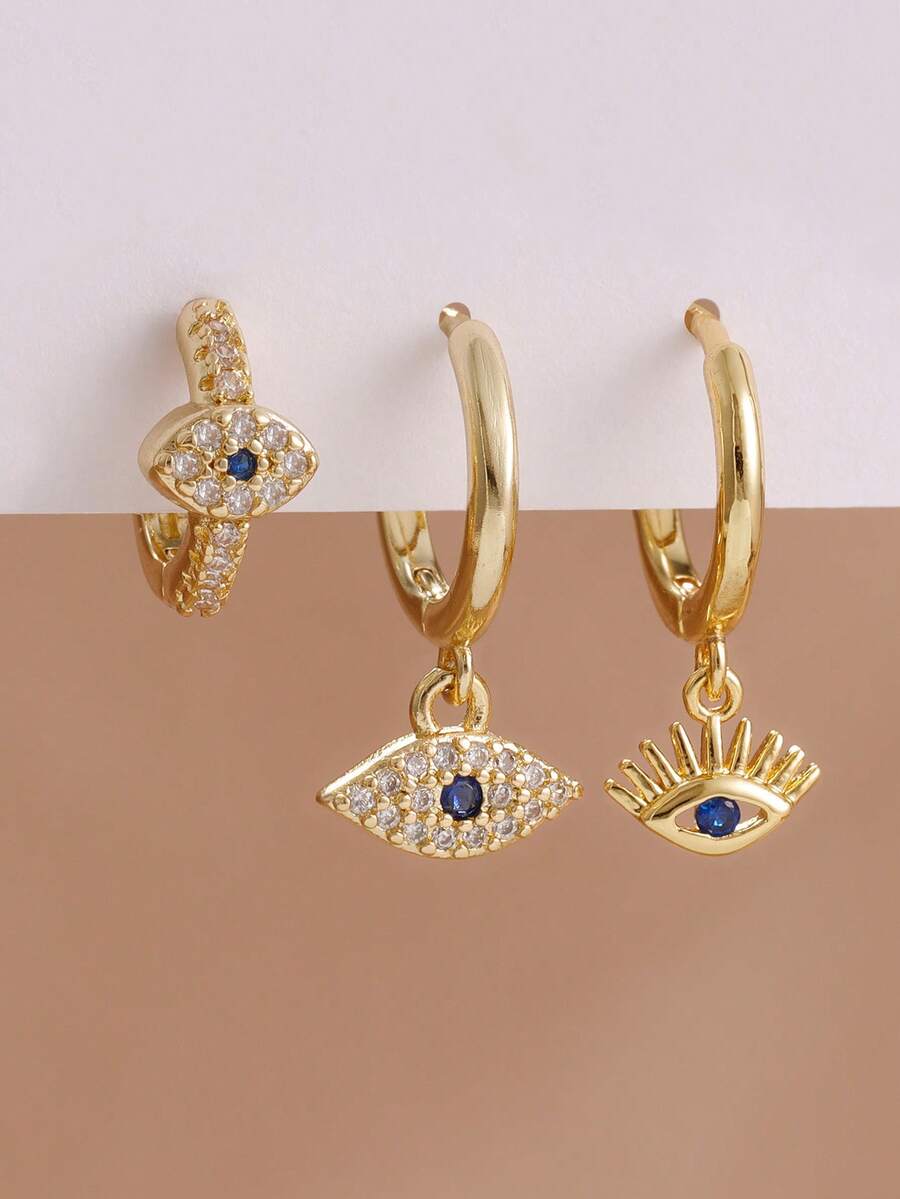 SHEIN طقم 3 أقراط حلقة عين شريرة ذهبية عيار 18 قيراط ستانلس ستيل صغيرة