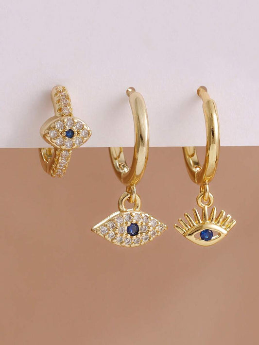 SHEIN طقم 3 أقراط حلقة عين شريرة ذهبية عيار 18 قيراط ستانلس ستيل صغيرة