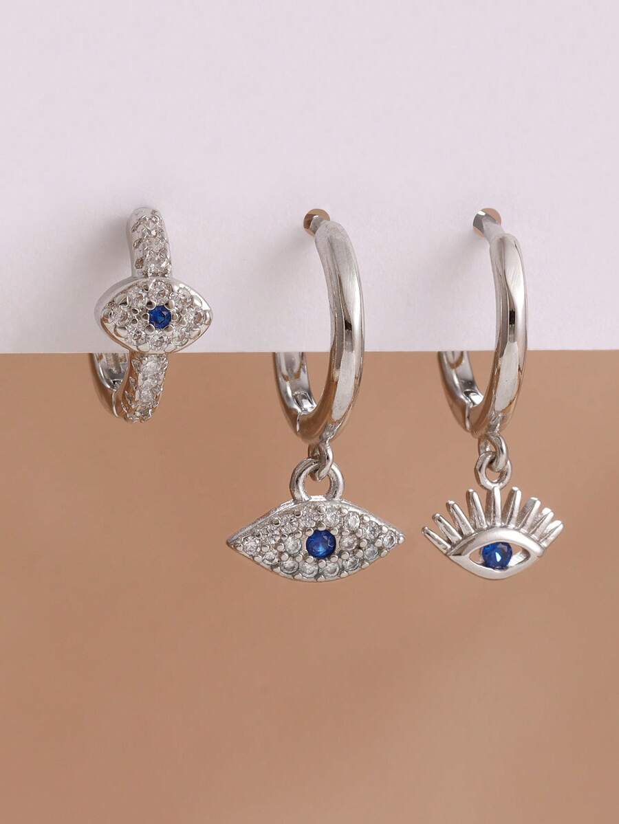 SHEIN طقم 3 أقراط حلقة عين شريرة ذهبية عيار 18 قيراط ستانلس ستيل صغيرة