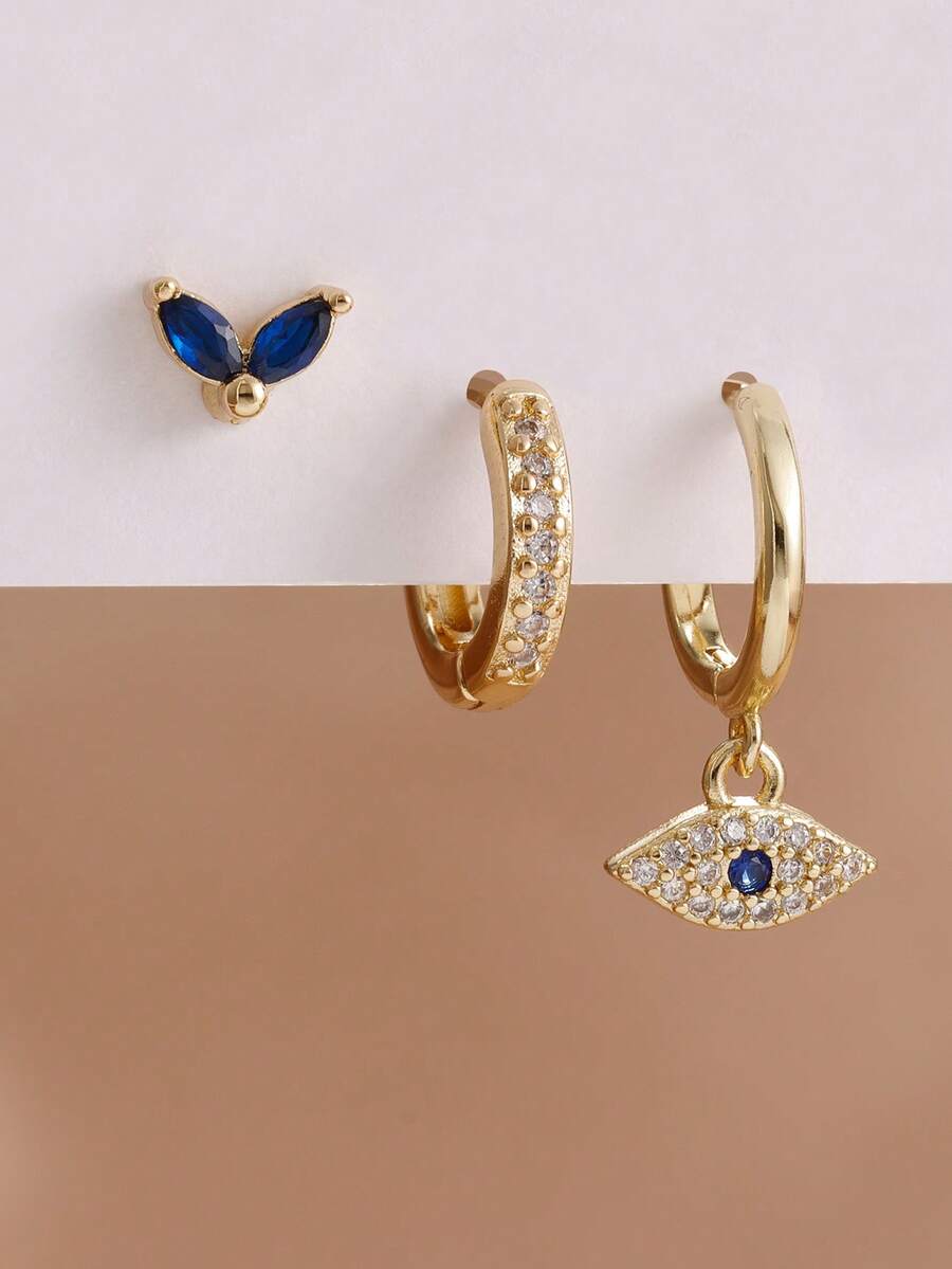 SHEIN طقم 3 أقراط حلقة عين شريرة ذهبية عيار 18 قيراط ستانلس ستيل صغيرة