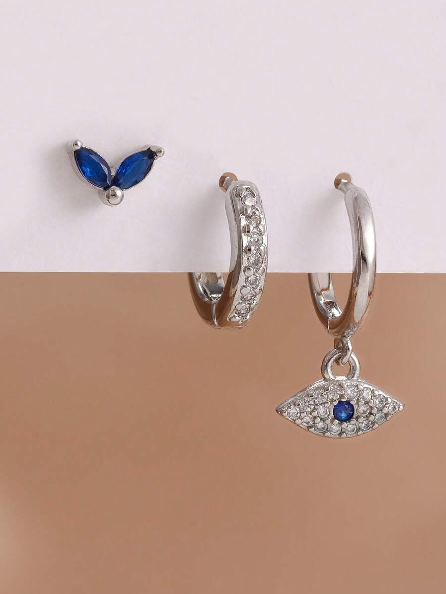 SHEIN طقم 3 أقراط حلقة عين شريرة ذهبية عيار 18 قيراط ستانلس ستيل صغيرة