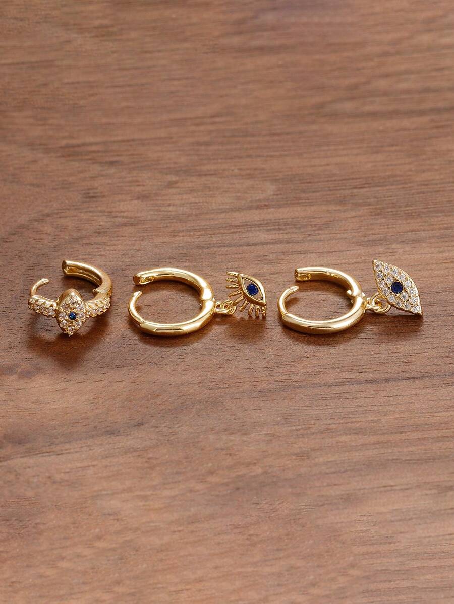 SHEIN طقم 3 أقراط حلقة عين شريرة ذهبية عيار 18 قيراط ستانلس ستيل صغيرة