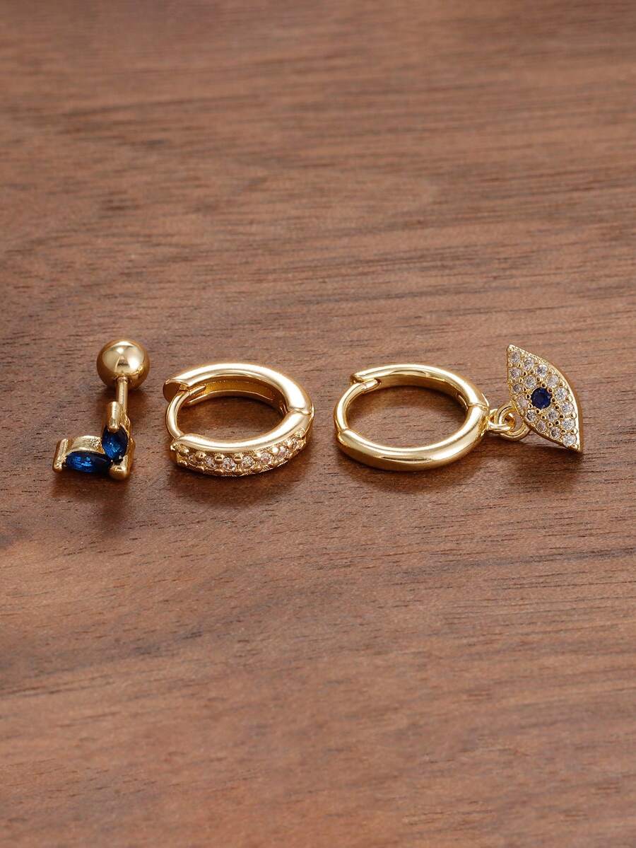 SHEIN طقم 3 أقراط حلقة عين شريرة ذهبية عيار 18 قيراط ستانلس ستيل صغيرة