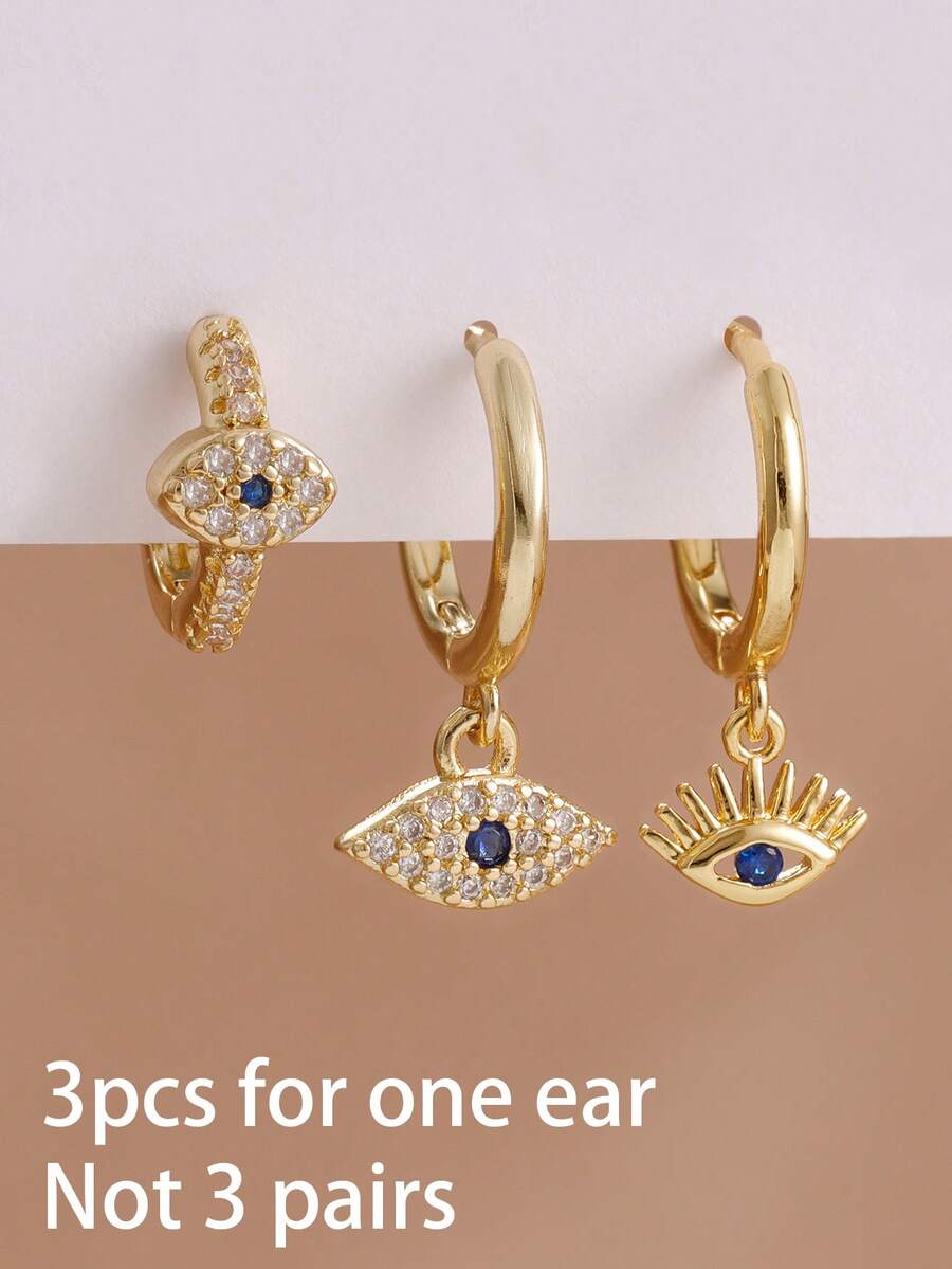 SHEIN طقم 3 أقراط حلقة عين شريرة ذهبية عيار 18 قيراط ستانلس ستيل صغيرة