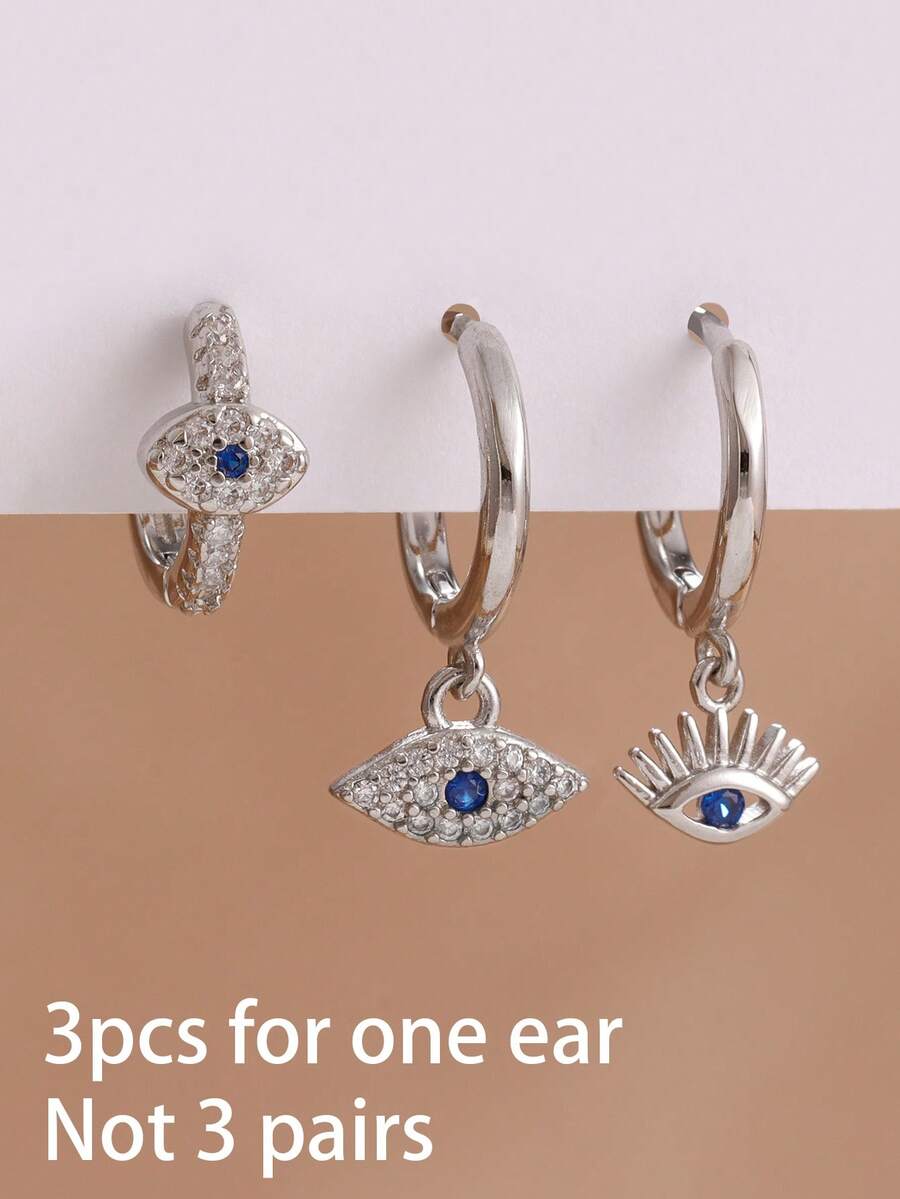 SHEIN طقم 3 أقراط حلقة عين شريرة ذهبية عيار 18 قيراط ستانلس ستيل صغيرة