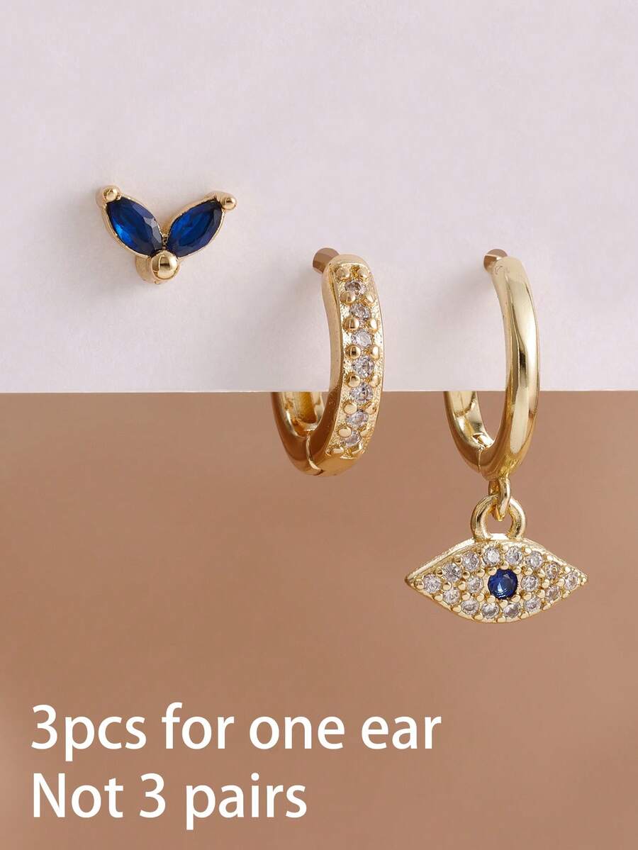 SHEIN طقم 3 أقراط حلقة عين شريرة ذهبية عيار 18 قيراط ستانلس ستيل صغيرة