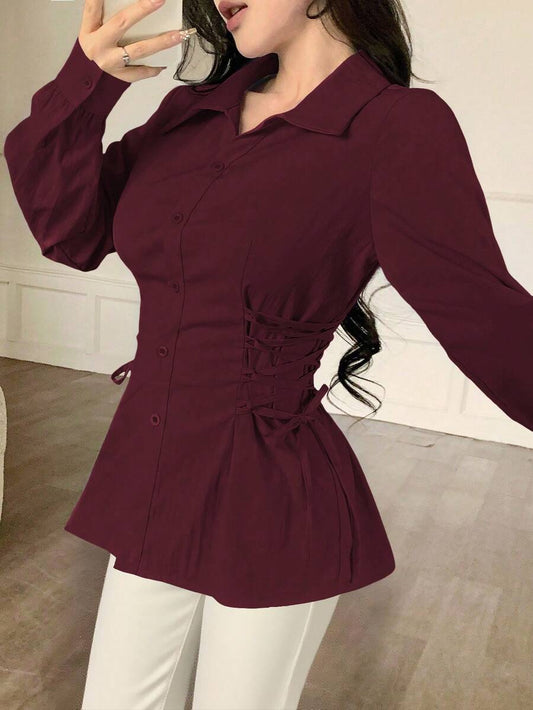 SHEIN Modelyn بلوزة بأكمام طويلة وخصر مربوط بلون عنابي