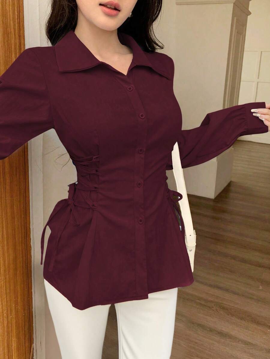SHEIN Modelyn بلوزة بأكمام طويلة وخصر مربوط بلون عنابي