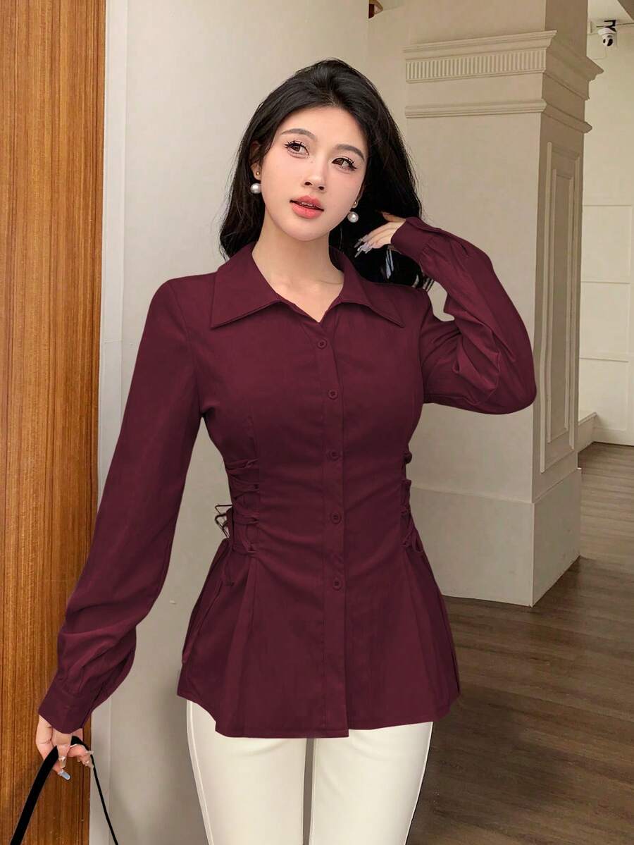 SHEIN Modelyn بلوزة بأكمام طويلة وخصر مربوط بلون عنابي