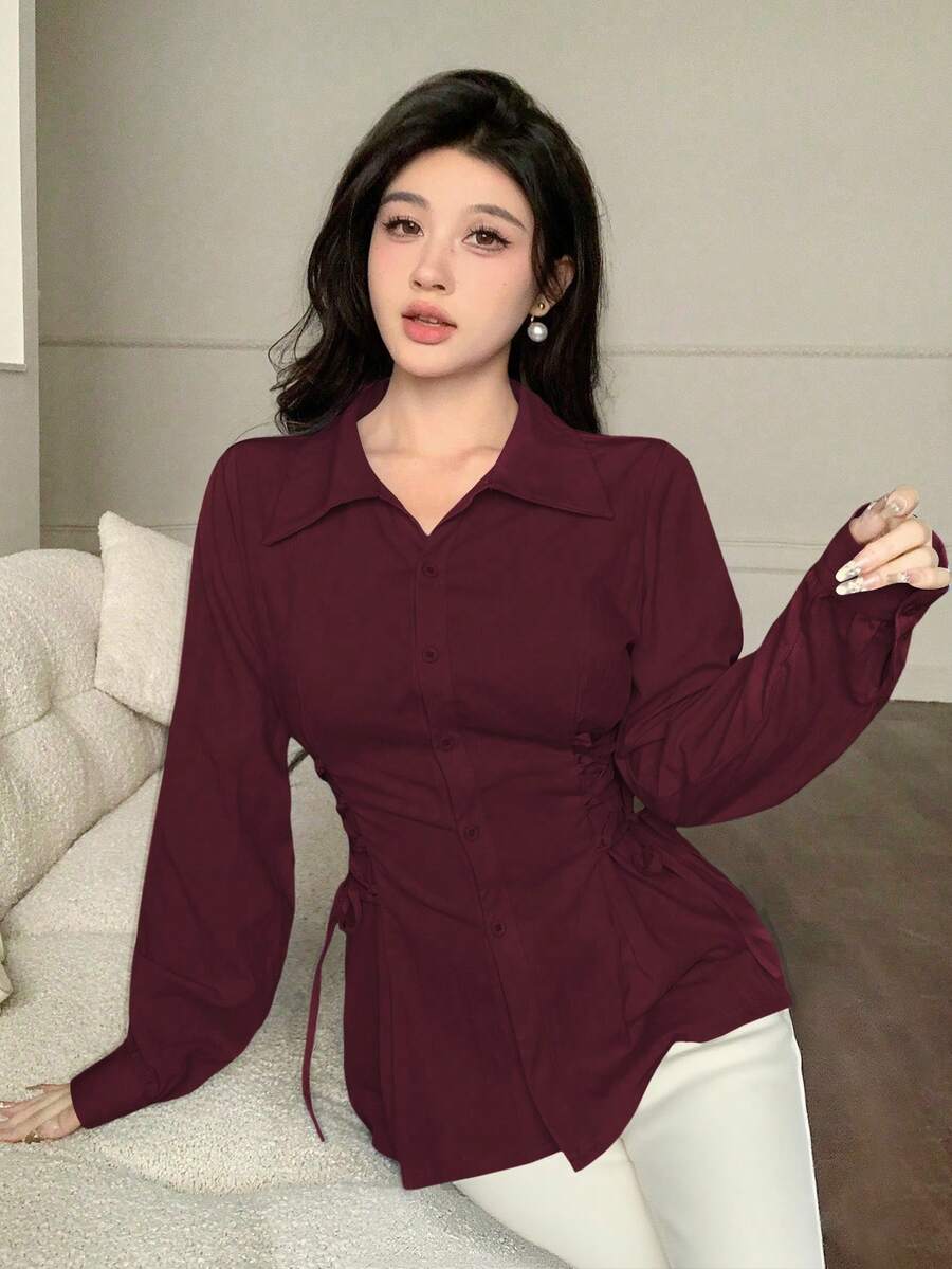 SHEIN Modelyn بلوزة بأكمام طويلة وخصر مربوط بلون عنابي