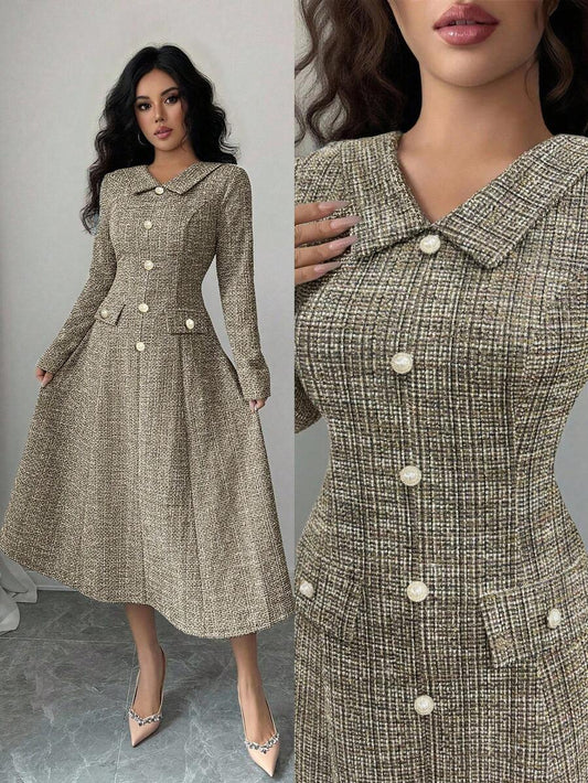 SHEIN Elenzga فستان بخصر مشدود بأزرار لؤلؤية وأكمام طويلة