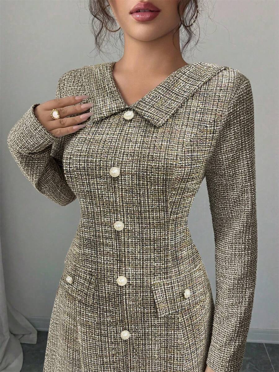 SHEIN Elenzga فستان بخصر مشدود بأزرار لؤلؤية وأكمام طويلة