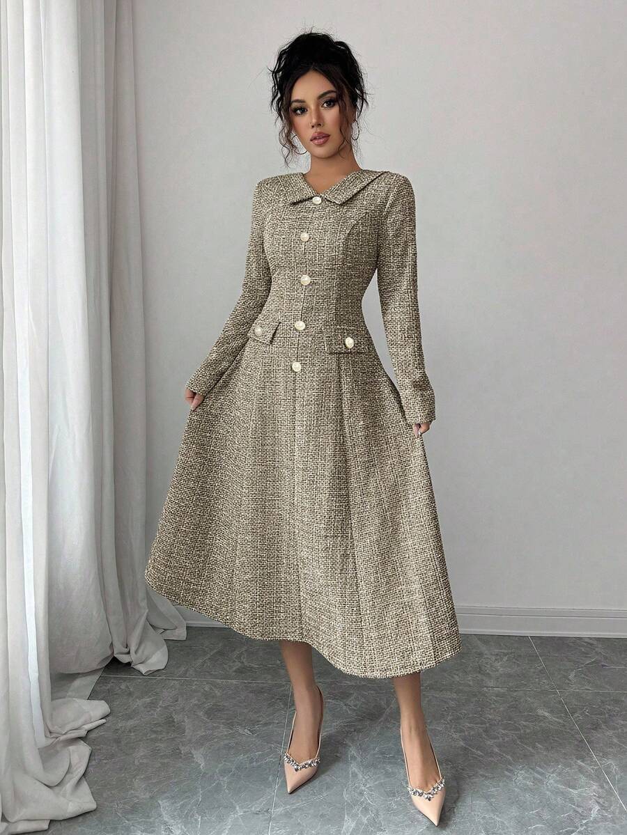 SHEIN Elenzga فستان بخصر مشدود بأزرار لؤلؤية وأكمام طويلة