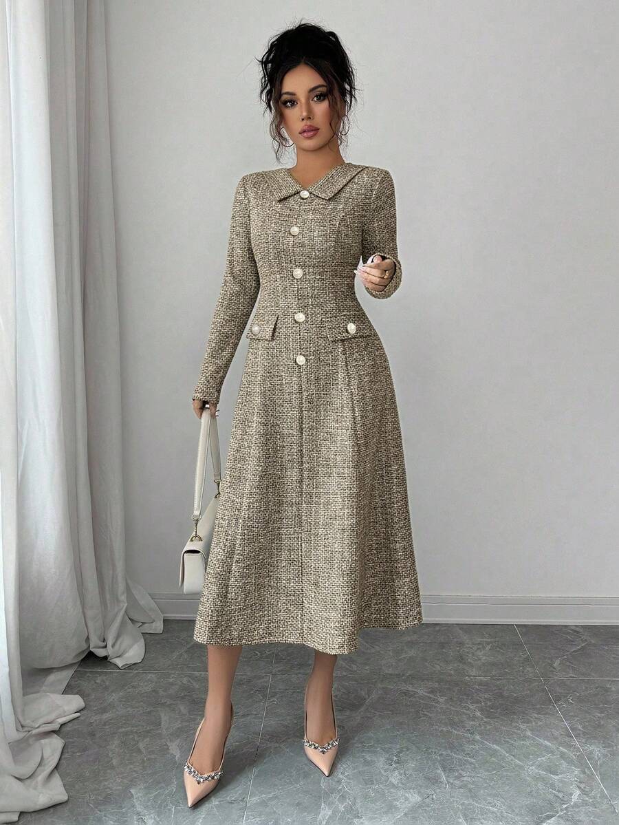 SHEIN Elenzga فستان بخصر مشدود بأزرار لؤلؤية وأكمام طويلة