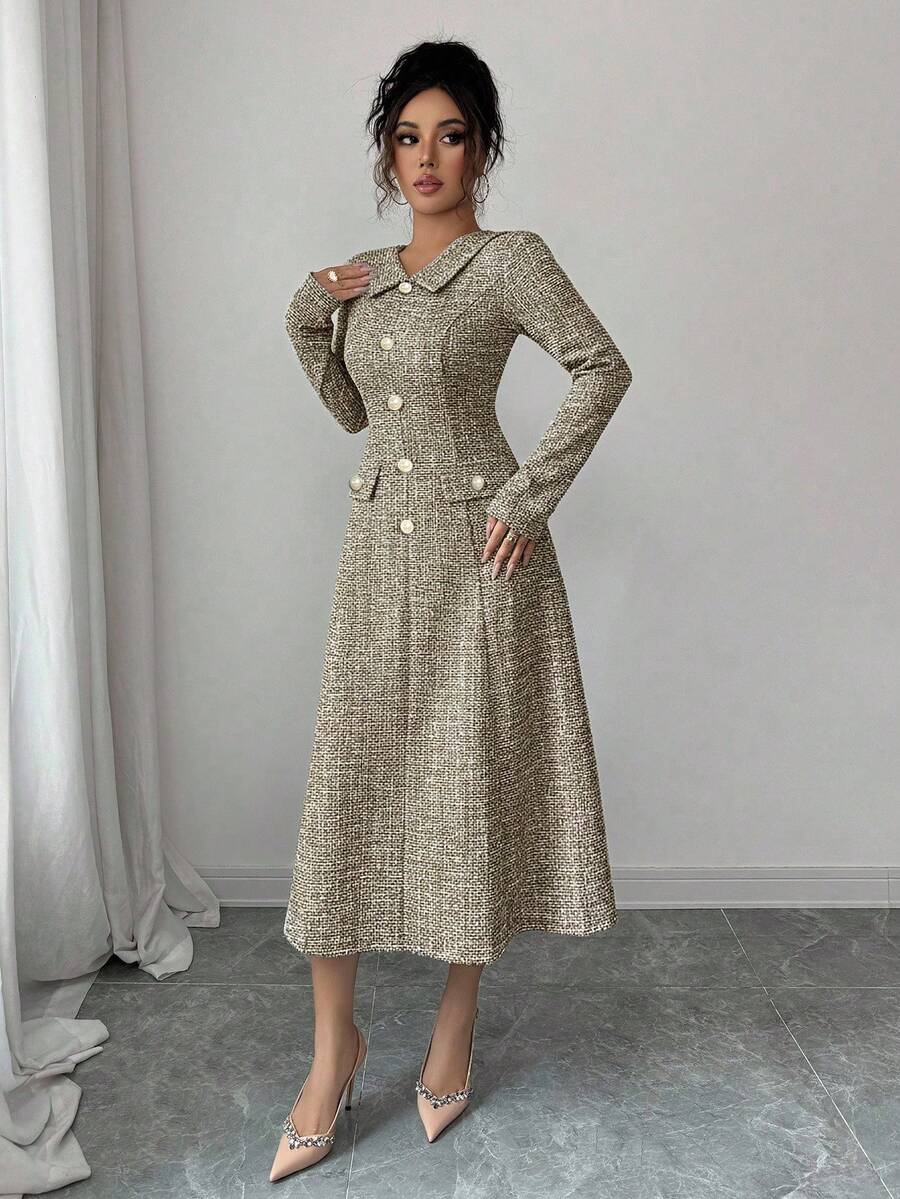 SHEIN Elenzga فستان بخصر مشدود بأزرار لؤلؤية وأكمام طويلة