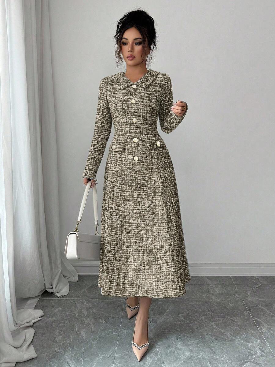 SHEIN Elenzga فستان بخصر مشدود بأزرار لؤلؤية وأكمام طويلة