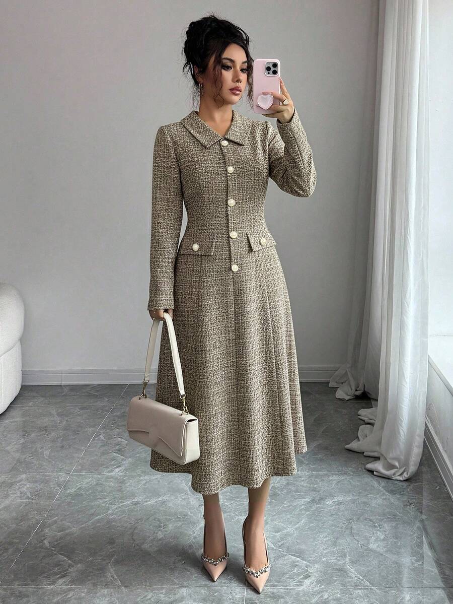 SHEIN Elenzga فستان بخصر مشدود بأزرار لؤلؤية وأكمام طويلة