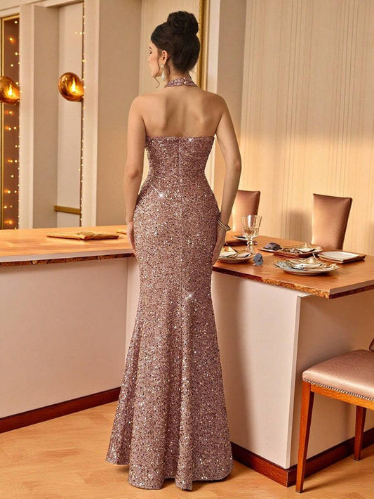 SHEIN Coutiva فستان ترتر بأكمام طويلة بلون شمبانيي