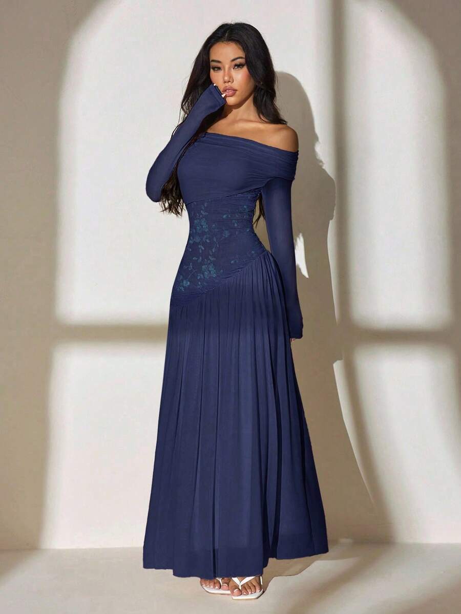 SHEIN PETITE فستان ازرق طويل بأكمام طويلة وذيل غير متماثل