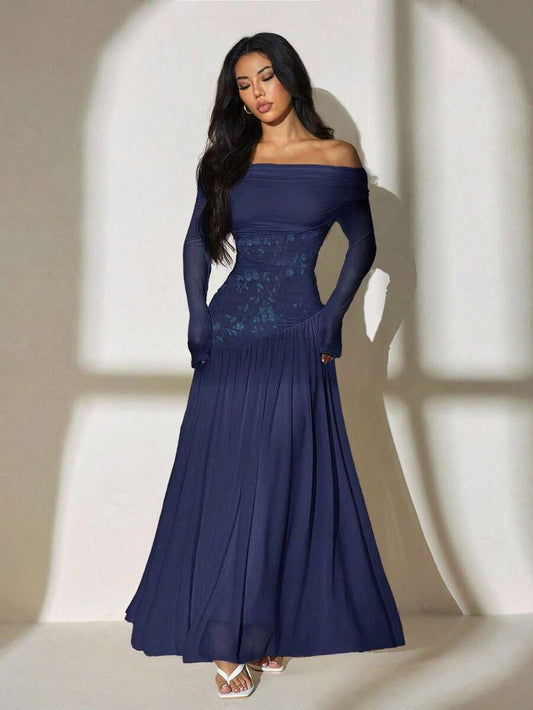 SHEIN PETITE فستان ازرق طويل بأكمام طويلة وذيل غير متماثل