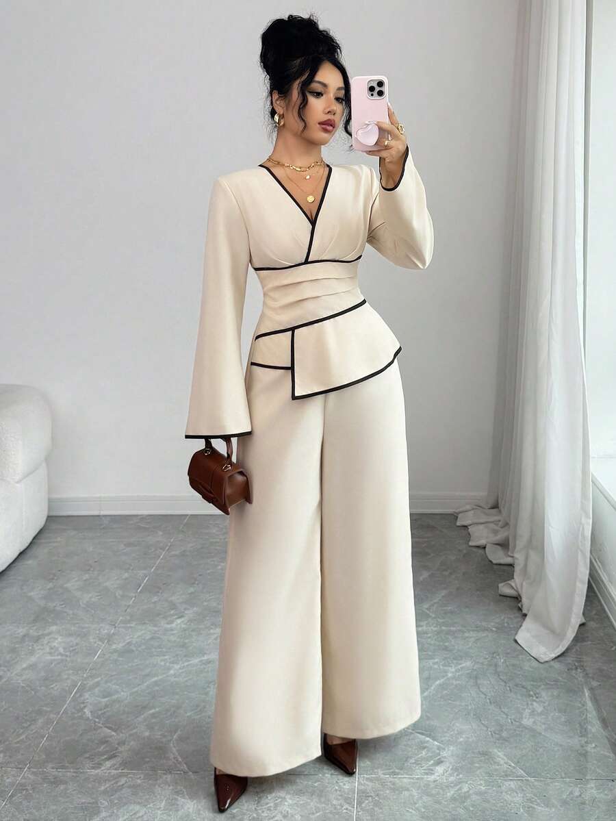 SHEIN Siren Gaze جمبسوت بأكمام واسعة وخصر مطوي وساق واسعة