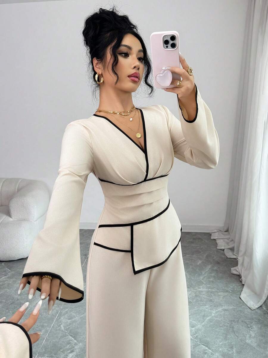 SHEIN Siren Gaze جمبسوت بأكمام واسعة وخصر مطوي وساق واسعة