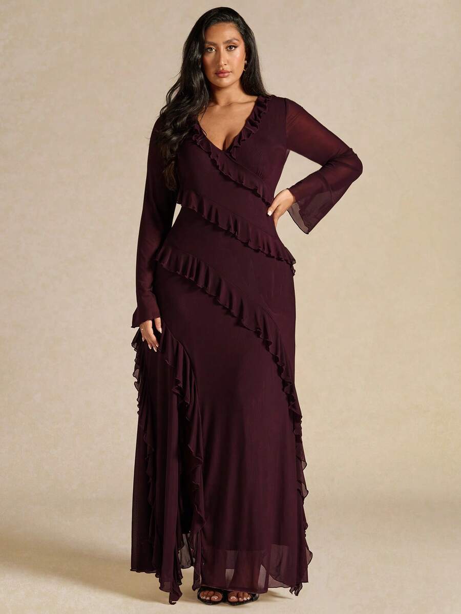 SHEIN BAE فستان مقاس كبير بأكمام طويلة وكشكشة باللون العنابي