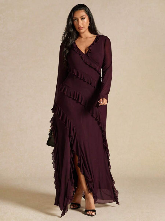 SHEIN BAE فستان مقاس كبير بأكمام طويلة وكشكشة باللون العنابي