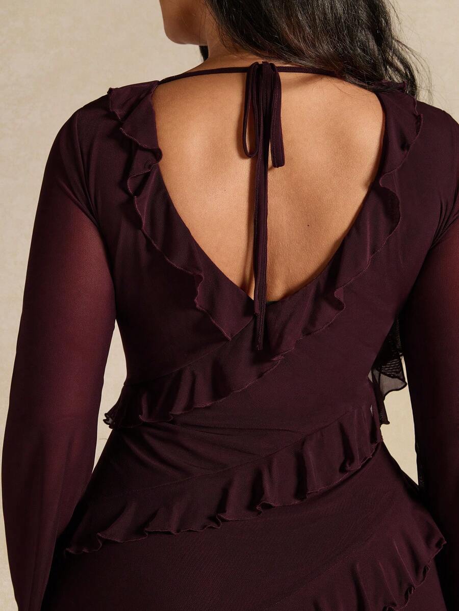 SHEIN BAE فستان مقاس كبير بأكمام طويلة وكشكشة باللون العنابي