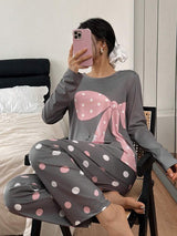 SHEIN Dream Adore طقم بيجامة بطبعة نقاط وفيونكة وردية بأكمام طويلة وبنطلون