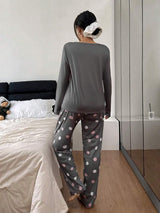 SHEIN Dream Adore طقم بيجامة بطبعة نقاط وفيونكة وردية بأكمام طويلة وبنطلون