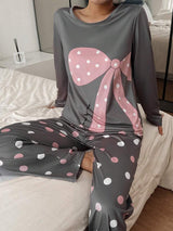 SHEIN Dream Adore طقم بيجامة بطبعة نقاط وفيونكة وردية بأكمام طويلة وبنطلون