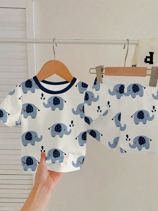 SHEIN طقم ملابس منزلية كاجوال فضفاضة للأولاد برسومات فيلة