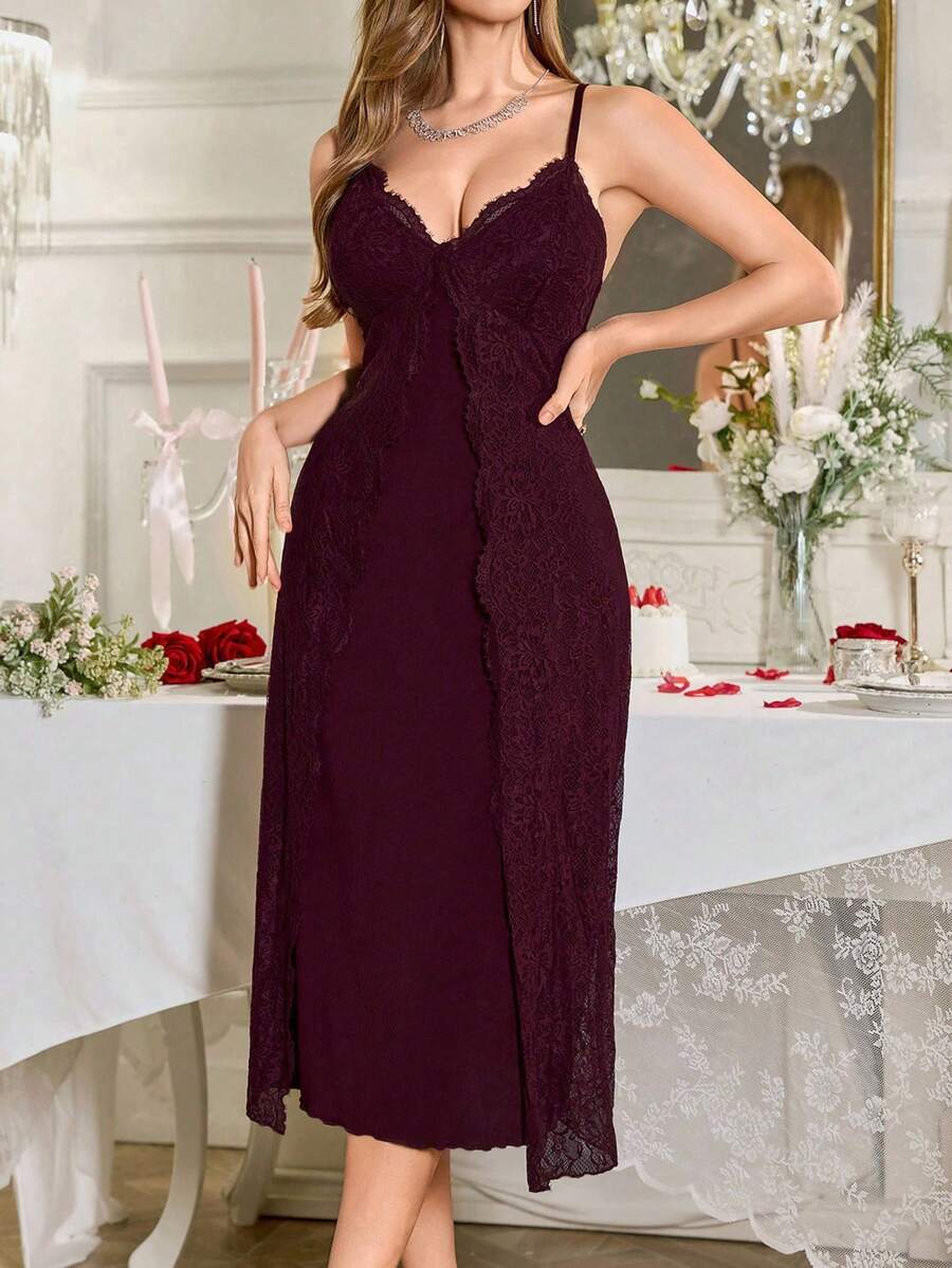 SHEIN Slumberist قميص نوم من الدانتيل بطبقتين بدون أكمام
