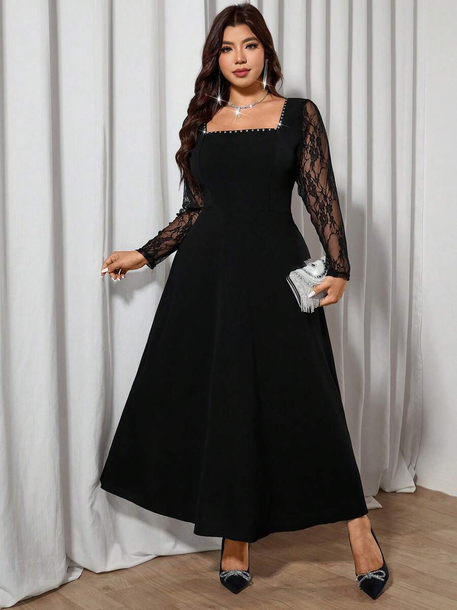 SHEIN Modelyn فستان أسود للمقاسات الكبيرة مطرز بالراين ستون بأكمام دانتيل طويلة