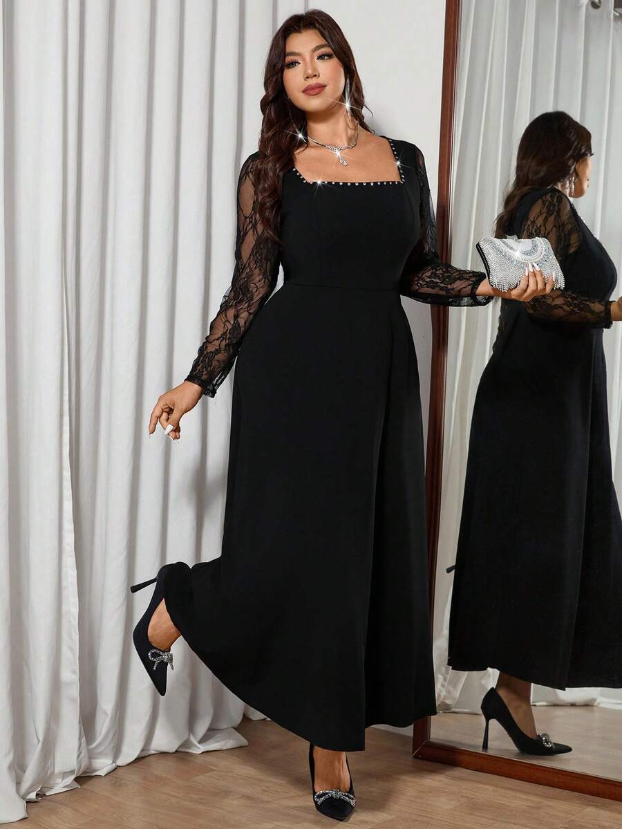 SHEIN Modelyn فستان أسود للمقاسات الكبيرة مطرز بالراين ستون بأكمام دانتيل طويلة