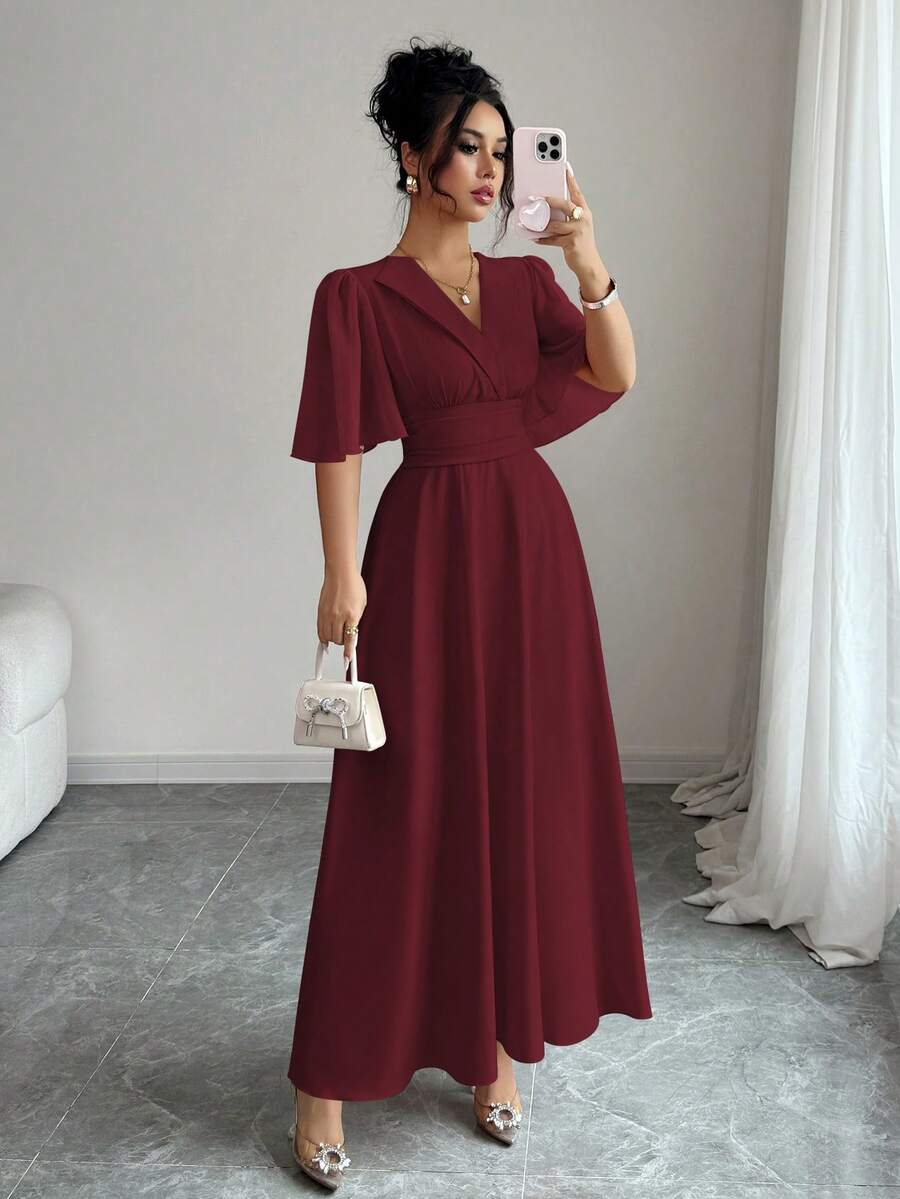 SHEIN Elenzga فستان عنابي من الشيفون بياقة وخصر مطوي بتصميم رقعي وأكمام مكشكشة