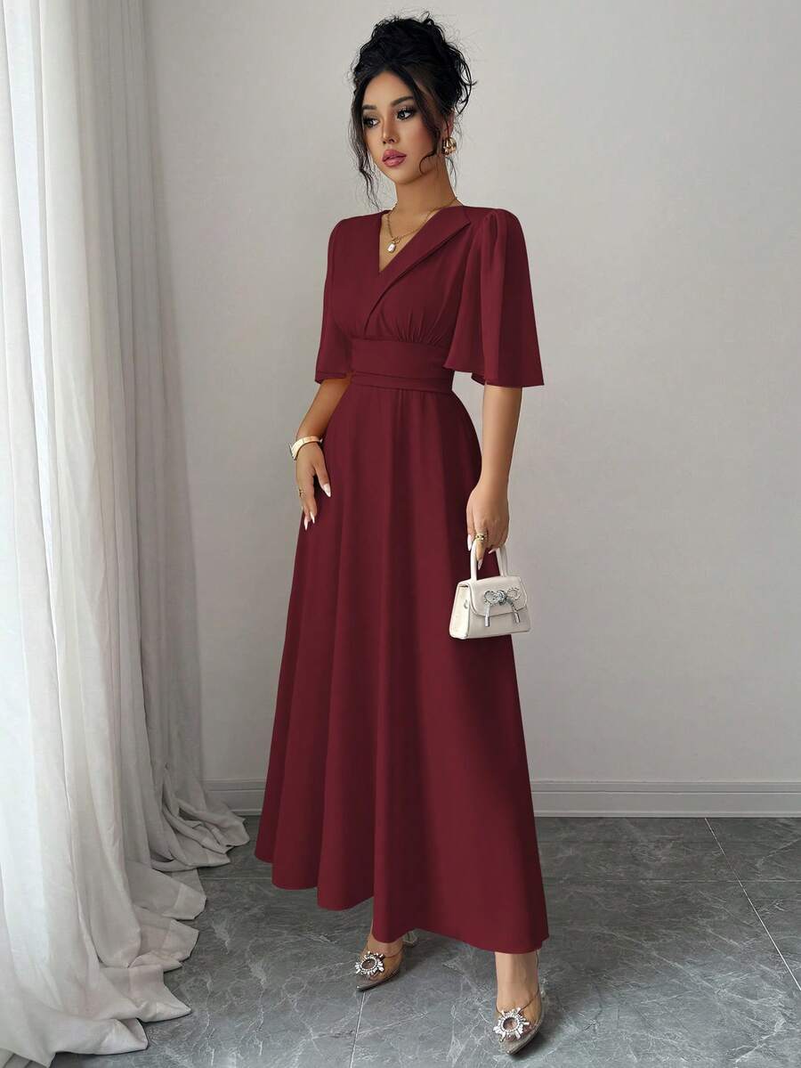 SHEIN Elenzga فستان عنابي من الشيفون بياقة وخصر مطوي بتصميم رقعي وأكمام مكشكشة